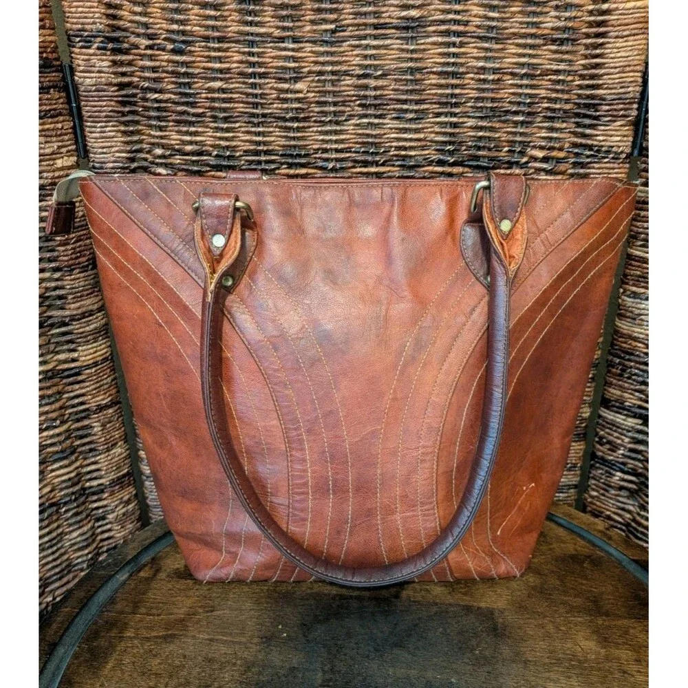 Vintage Leather Tote Bag Brown Double Handle Shoulder Purse 70s Boho Retro Large - Picture 1 of 13